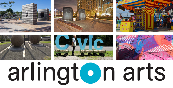 Kolaż publicznych instalacji artystycznych i logo Arlington Arts