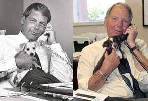 Obok siebie zdjęcia CEO Boba Rohde przy biurku w latach 70. i dziś