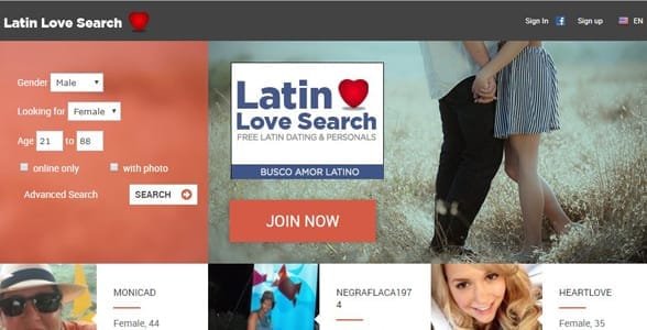 Captura de pantalla de la página de inicio de LatinLoveSearch