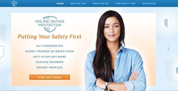 Screenshot van de homepage van Online Dating Protector