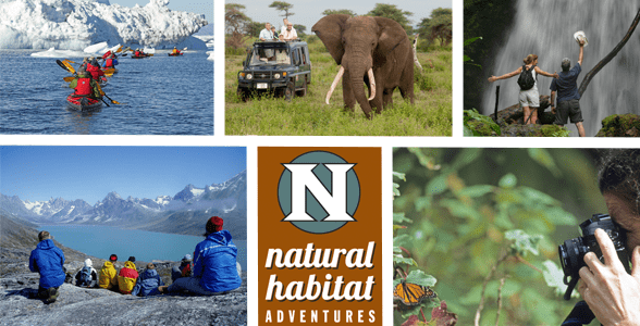 Collage di foto di avventure all'aria aperta e il logo di Natural Habitat Adventures