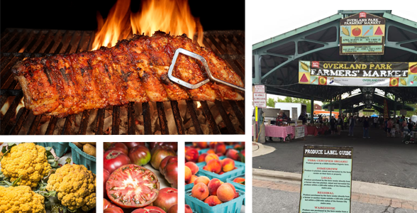 Collage van foto's van barbecue, verse producten en de boerenmarkt