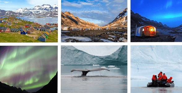 Koláž fotografií z přírodních stanovišť Adventures Objevte výlety do Grónska