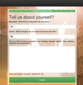 Snímek obrazovky s registrační stránkou IndianSinglesUK