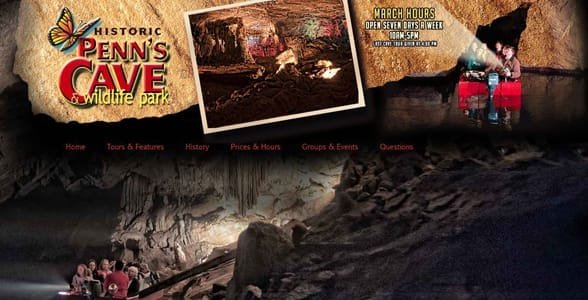 Schermata del sito web di Penn's Cave