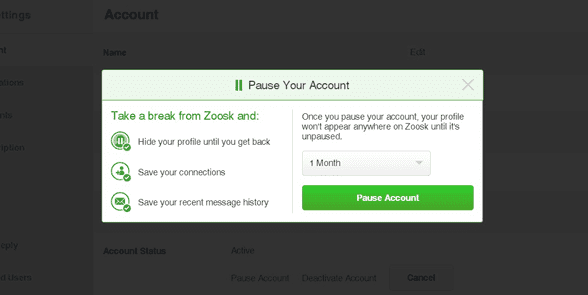 Zrzut ekranu Wstrzymaj swoje konto w Zoosk