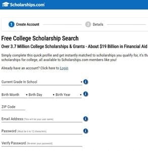Scholarships.com'un profil oluşturma sayfasının ekran görüntüsü