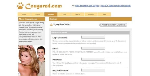 Snímek obrazovky registrační stránky Cougared.com
