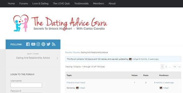 Captura de pantalla de los foros de Dating Advice Guru