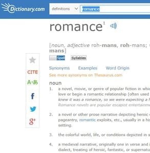 Schermata della definizione di romance di Dictionary.com