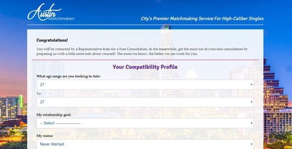 Capture d'écran du profil de compatibilité chez Austin Matchmakers