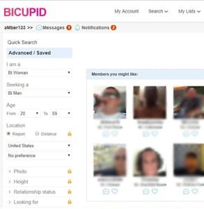 Capture d'écran des fonctionnalités de recherche de BiCupid
