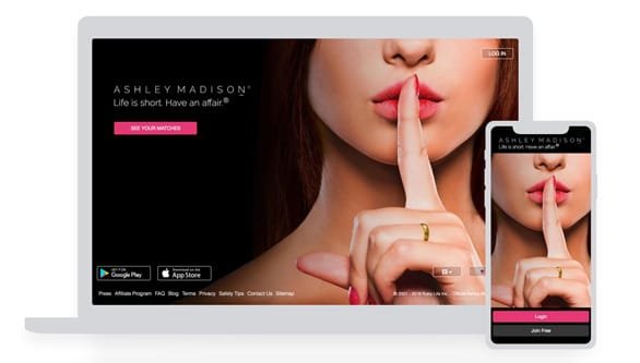 Screenshot di Ashley Madison su desktop e dispositivi mobili