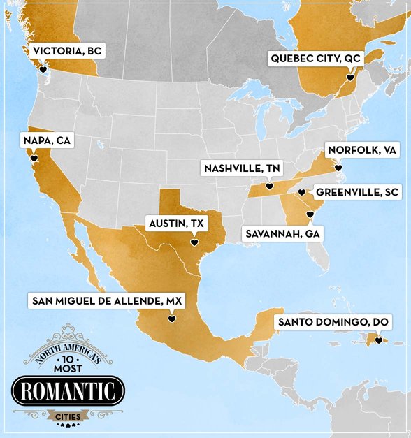 Carte des 10 villes les plus romantiques d'Amérique du Nord