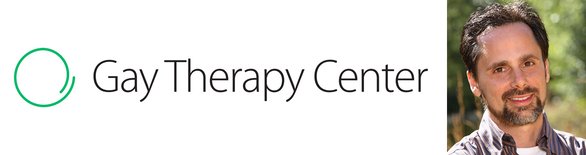 Le logo du Gay Therapy Center et une photo du fondateur Adam Blum