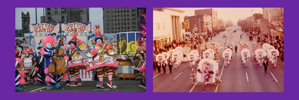 Collage van foto's van afgelopen Mummers Parades