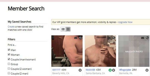 Snímek obrazovky s vyhledávací stránkou Adult Friend Finder